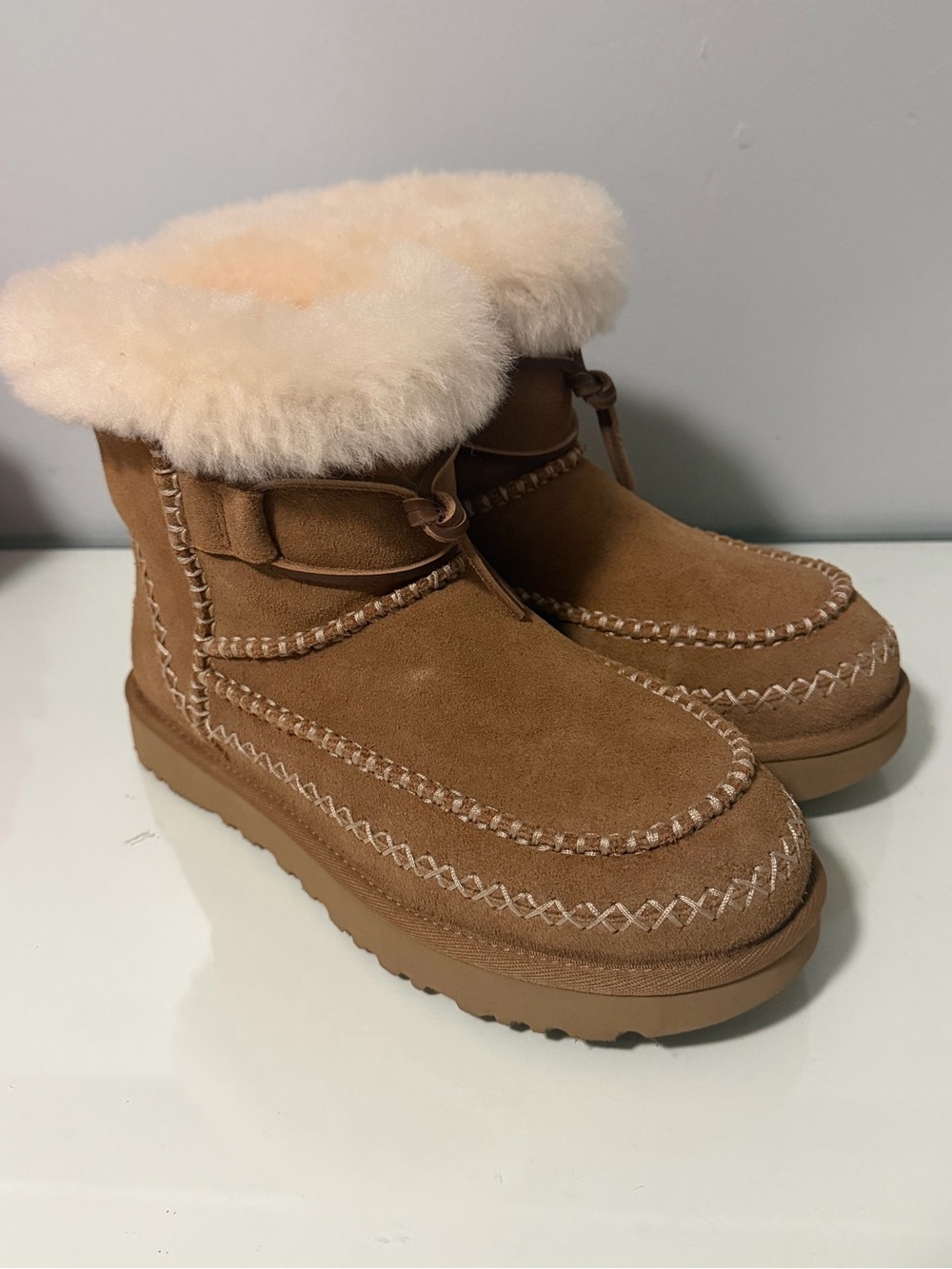 UGG classic mini alpine Boot- Chestnut Suede Faux-Fur Cuff Boot